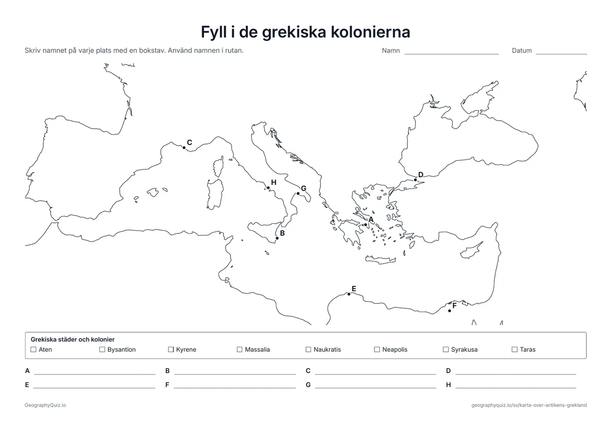 Förhandsvisning av arbetsbladet ”Fyll i de grekiska kolonierna” att skriva ut: Åtta bokstavsstäder runt Medelhavet