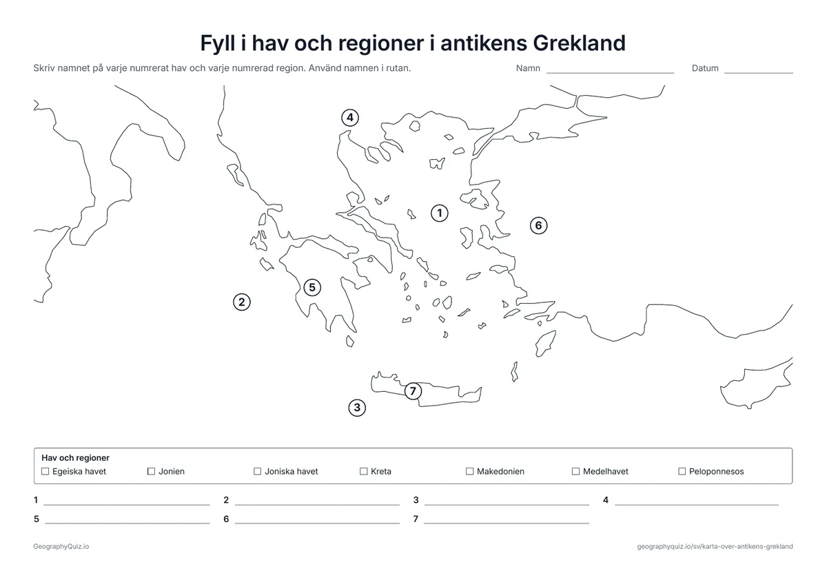 Förhandsvisning av arbetsbladet ”Fyll i hav och regioner i antikens Grekland” att skriva ut: Egeiska havet, Joniska havet och Medelhavet samt Makedonien, Peloponnesos, Jonien och Kreta ska namnges