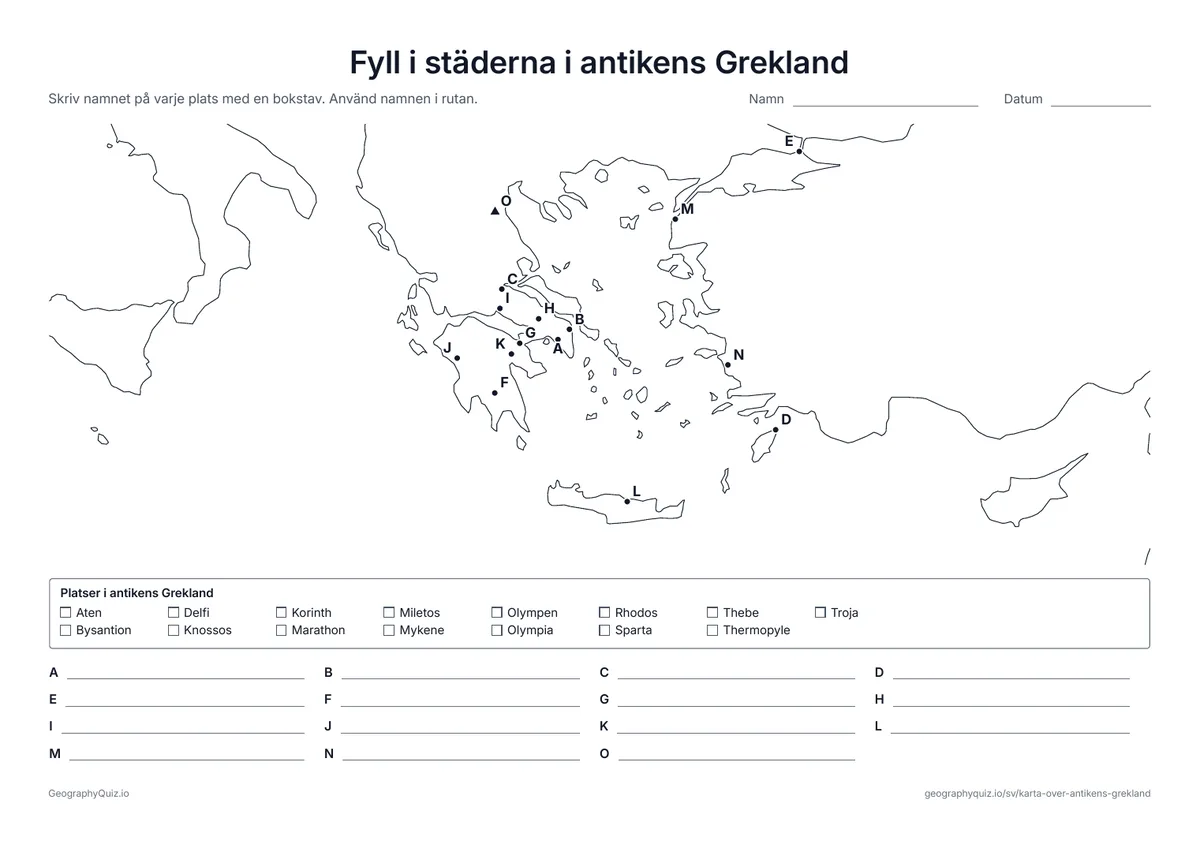 Förhandsvisning av arbetsbladet ”Fyll i städerna i antikens Grekland” att skriva ut: Femton bokstavsplatser, från Aten och Sparta till Marathon, Troja och Olympen
