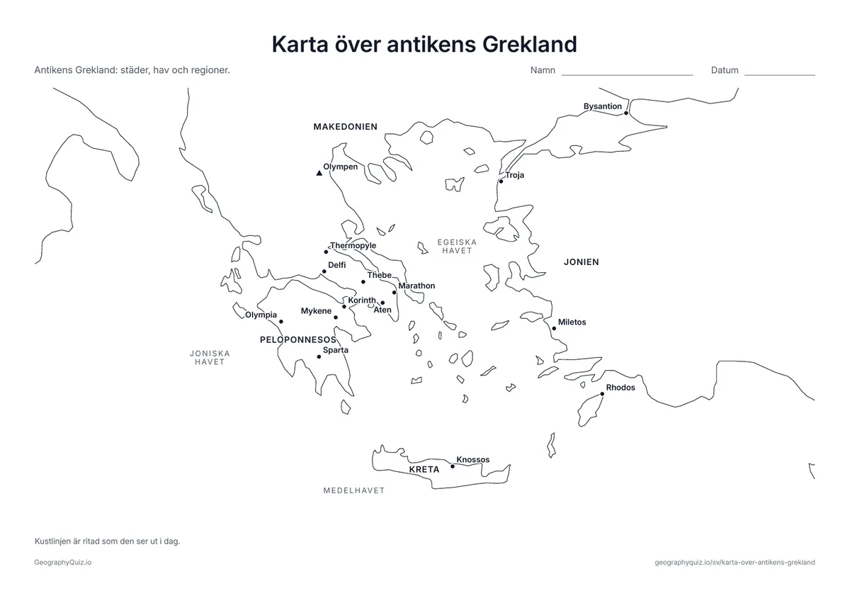 Förhandsvisning av arbetsbladet ”Karta över antikens Grekland” att skriva ut: Aten, Sparta, Marathon, Delfi, Olympia, Knossos, Troja och fler platser, med Olympen, haven och regionerna