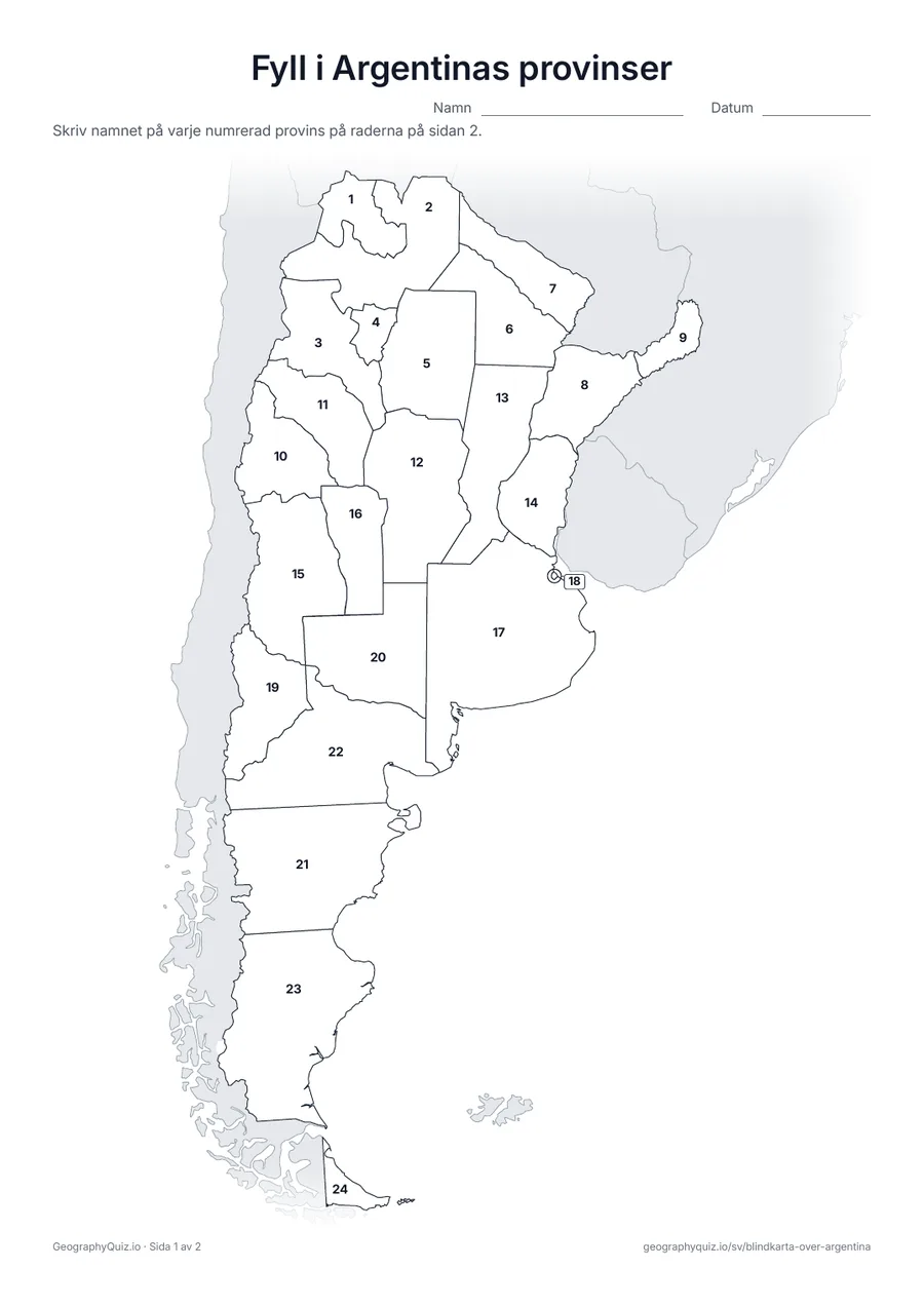 Förhandsvisning av arbetsbladet ”Fyll i Argentinas provinser” att skriva ut: Alla 23 provinser och staden Buenos Aires är numrerade