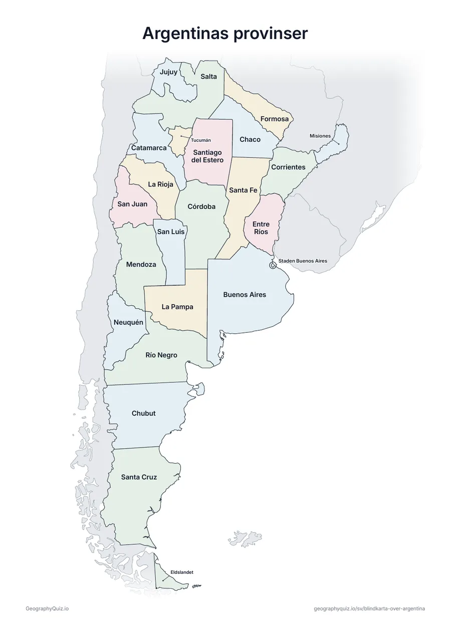 Förhandsvisning av arbetsbladet ”Argentinas provinser” att skriva ut: En karta över Argentina med alla namn utskrivna – ett översiktsblad för lektionen och för att rätta svaren