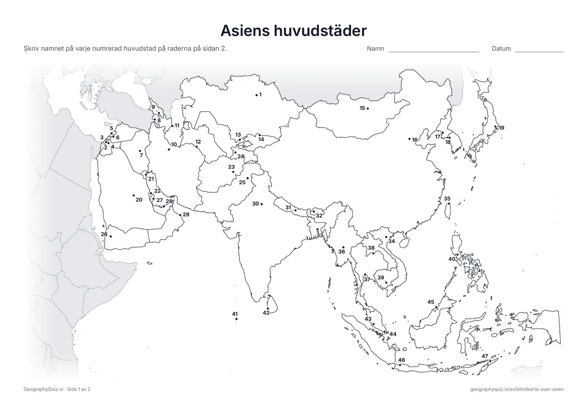 Förhandsvisning av arbetsbladet ”Asiens huvudstäder” att skriva ut: Varje huvudstad är markerad med en numrerad punkt