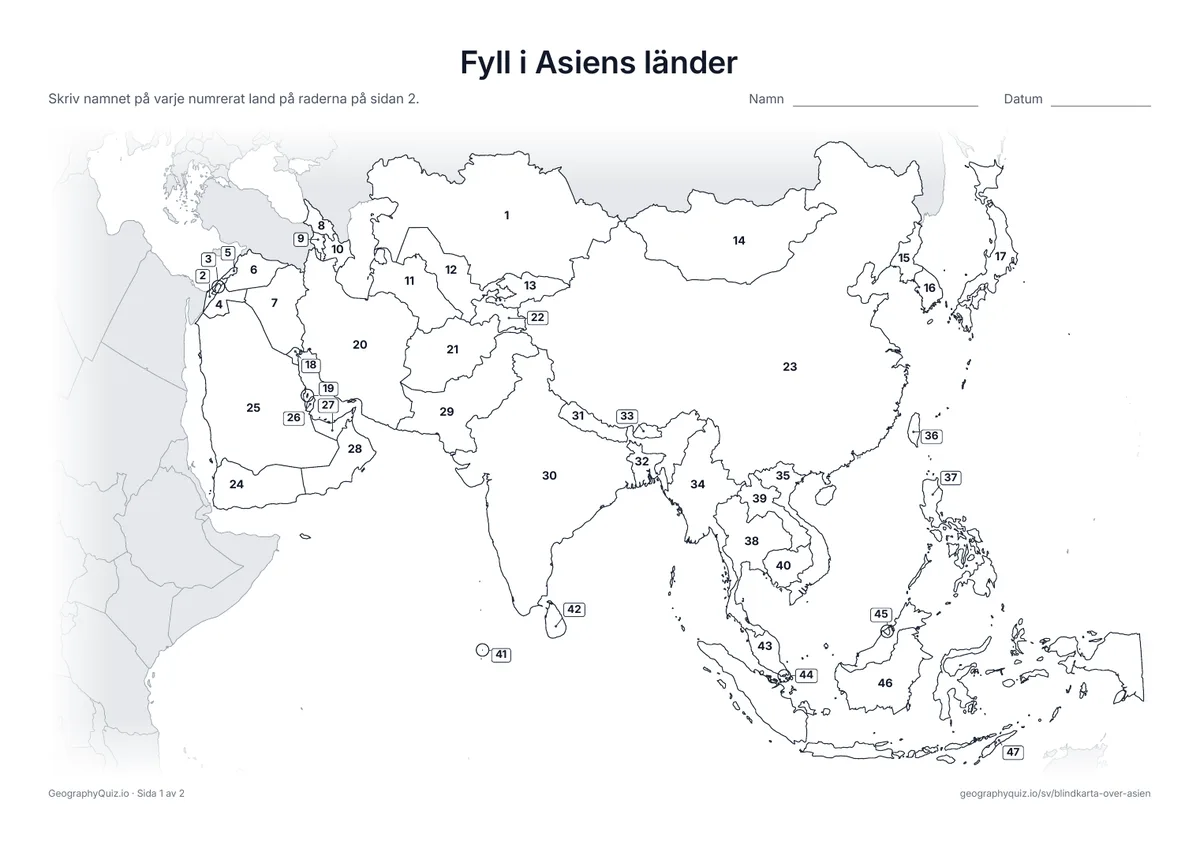 Förhandsvisning av arbetsbladet ”Fyll i Asiens länder” att skriva ut: Varje land i Asien har ett nummer