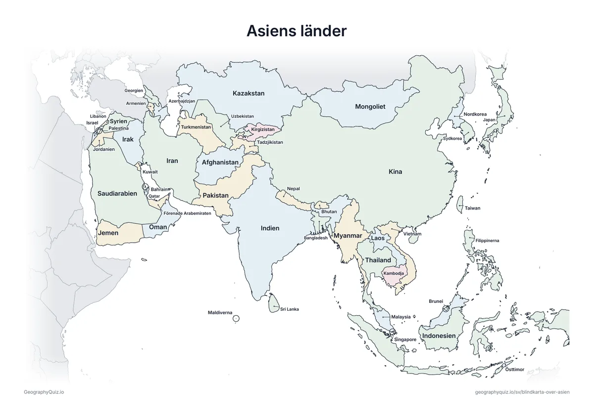 Förhandsvisning av arbetsbladet ”Asiens länder” att skriva ut: Samma karta med alla 47 länders namn – som översiktsblad, för repetition eller för att rätta elevernas arbeten