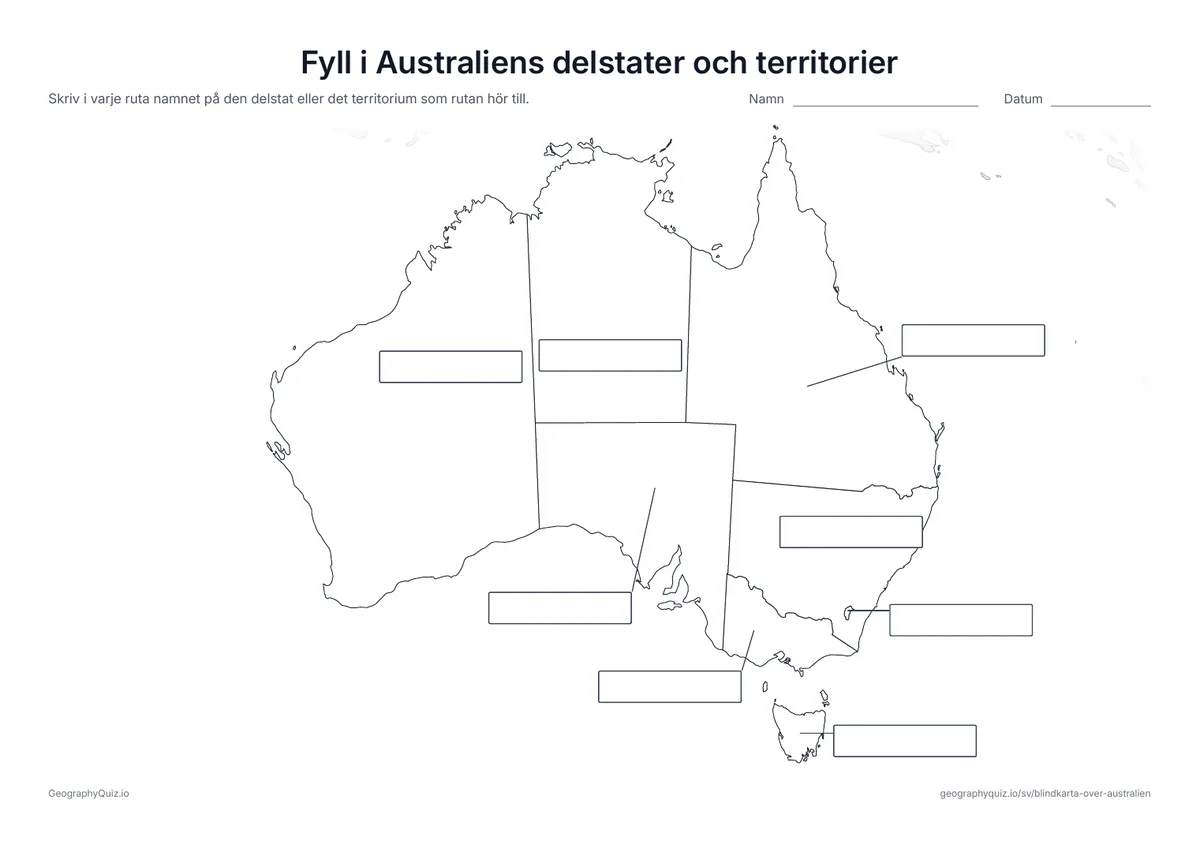 Förhandsvisning av arbetsbladet ”Fyll i Australiens delstater och territorier” att skriva ut: Alla sex delstater och två territorier är kopplade med ett streck till var sin tom svarsruta, som på bladet ”Fyll i världsdelarna” bland världskartorna