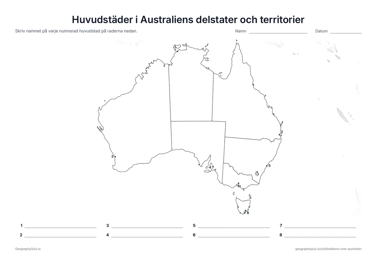 Förhandsvisning av arbetsbladet ”Huvudstäder i Australiens delstater och territorier” att skriva ut: Varje huvudstad är markerad med en numrerad punkt