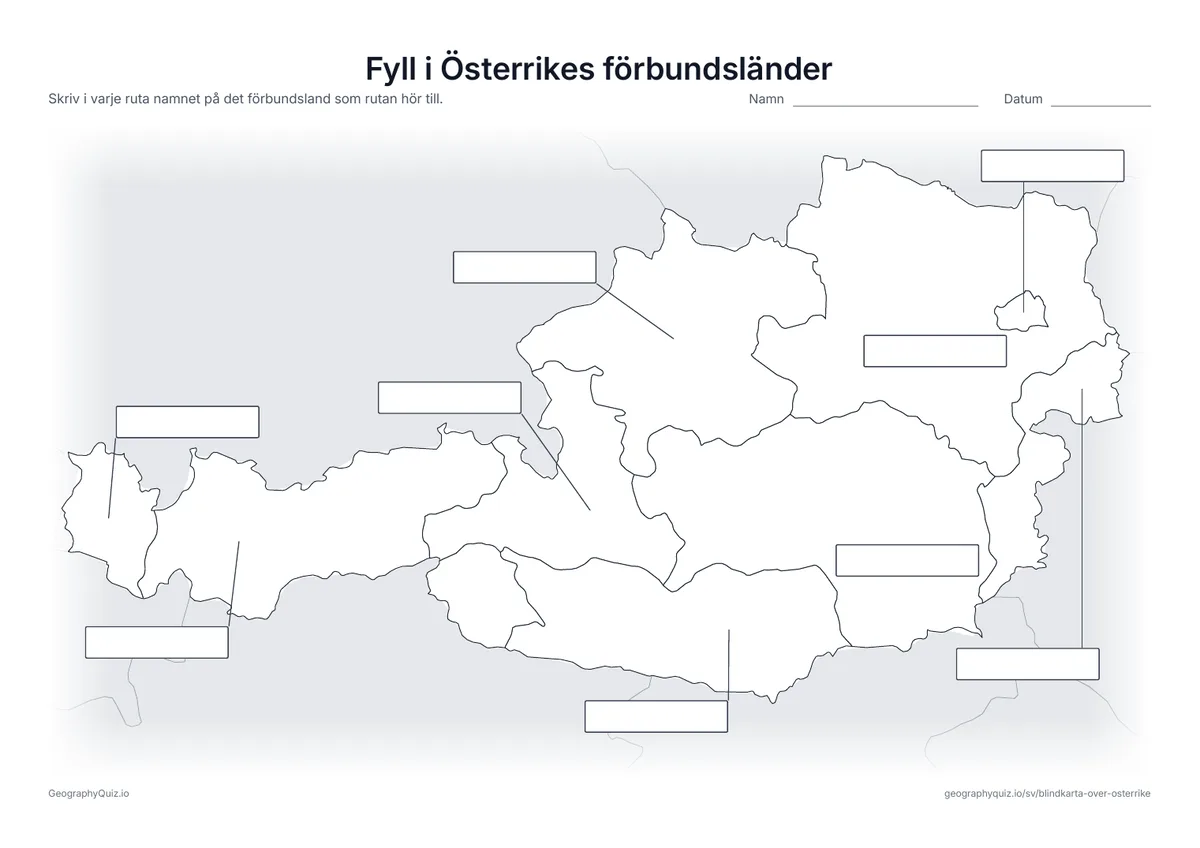 Förhandsvisning av arbetsbladet ”Fyll i Österrikes förbundsländer” att skriva ut: Alla nio förbundsländer är kopplade med ett streck till var sin tom svarsruta, som på bladet ”Fyll i världsdelarna” bland världskartorna