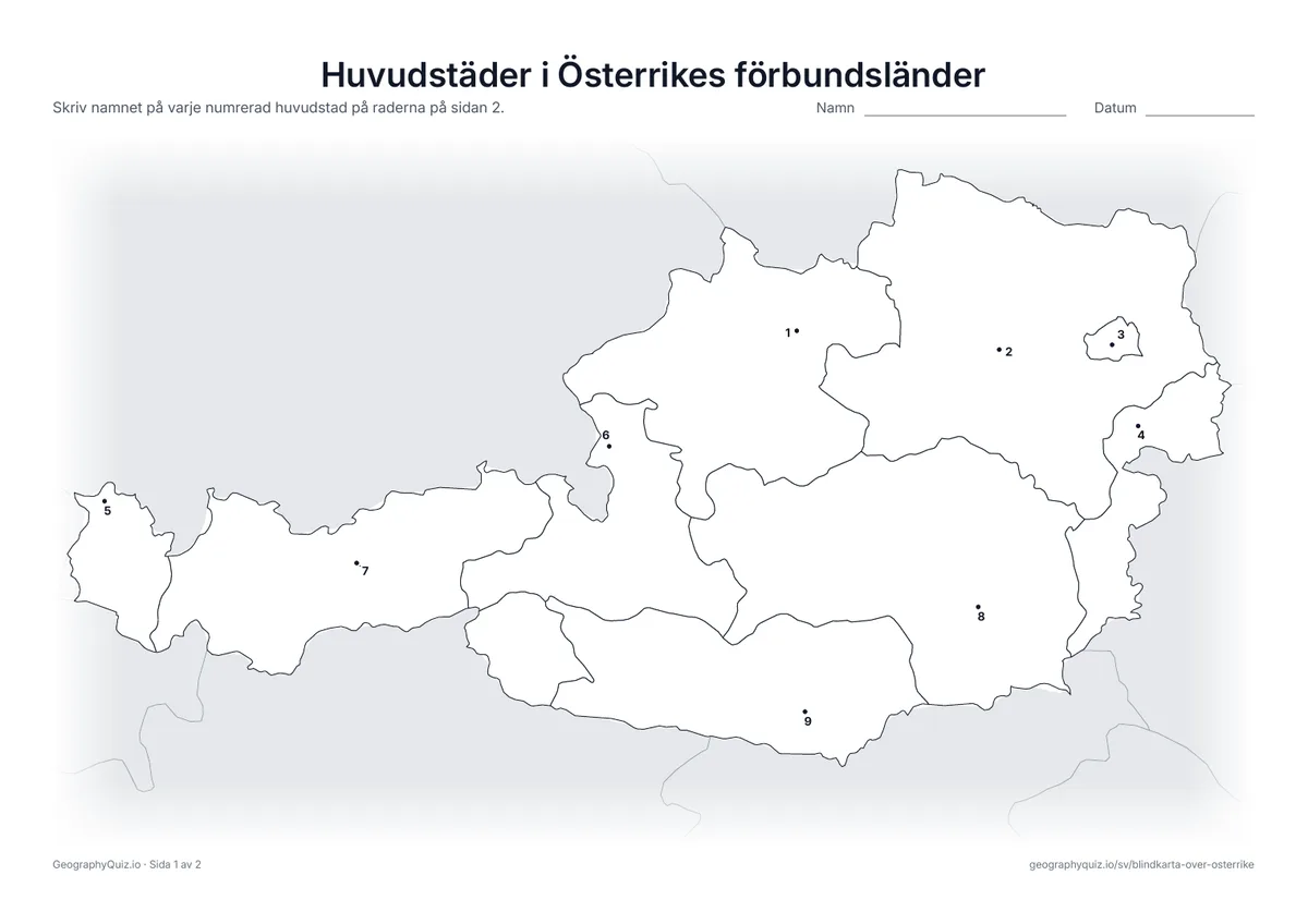 Förhandsvisning av arbetsbladet ”Huvudstäder i Österrikes förbundsländer” att skriva ut: Huvudstaden i varje förbundsland är markerad med en numrerad punkt