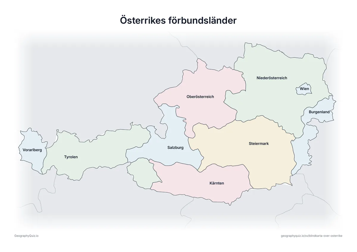 Förhandsvisning av arbetsbladet ”Österrikes förbundsländer” att skriva ut: En karta över Österrike med alla namn utskrivna – ett översiktsblad för lektionen och för att rätta svaren