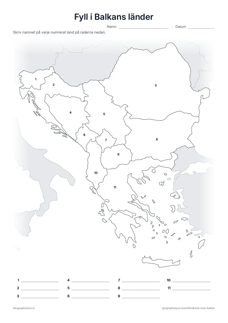 Förhandsvisning av arbetsbladet ”Fyll i Balkans länder” att skriva ut: Alla elva länder är numrerade