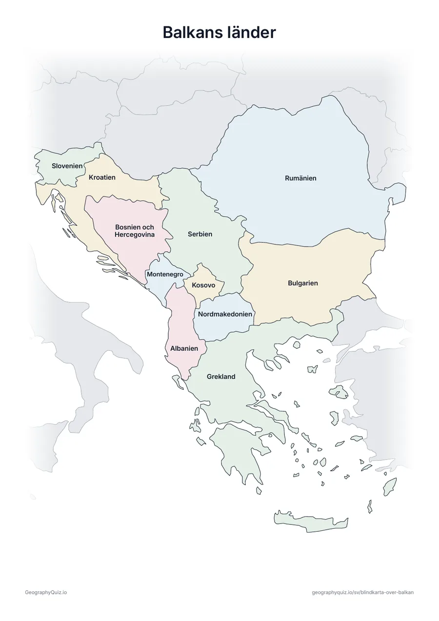 Förhandsvisning av arbetsbladet ”Balkans länder” att skriva ut: Samma karta med alla 11 länders namn – för undervisning, repetition eller för att rätta elevernas arbeten