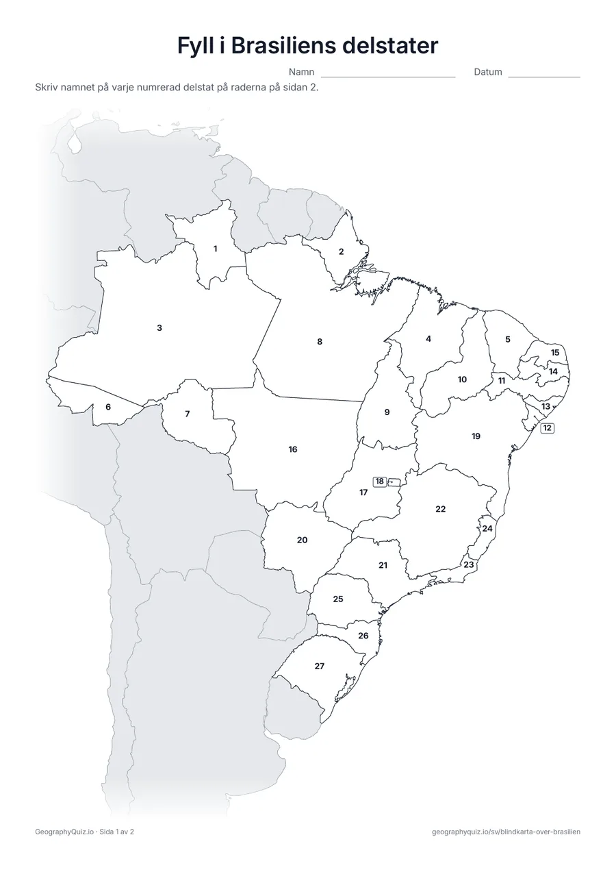Förhandsvisning av arbetsbladet ”Fyll i Brasiliens delstater” att skriva ut: Alla 26 delstater och det federala distriktet är numrerade