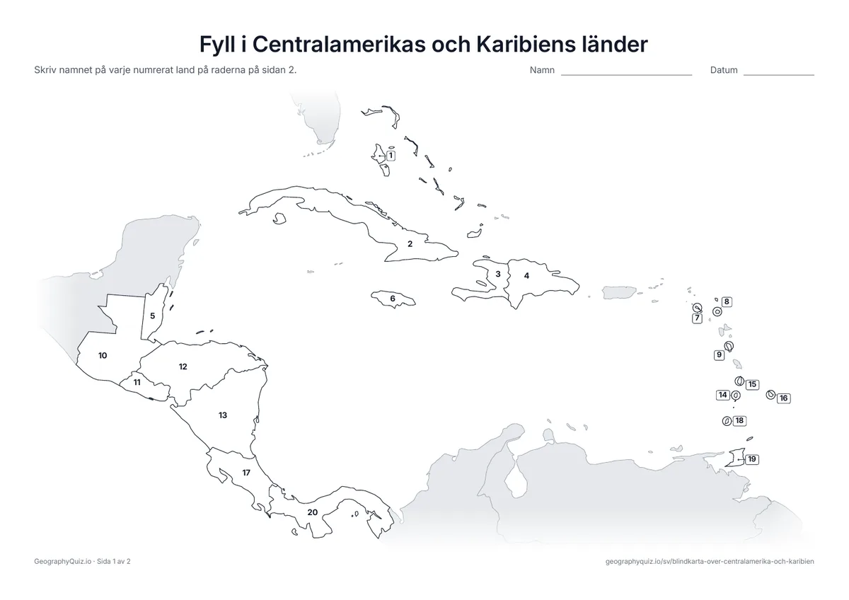 Förhandsvisning av arbetsbladet ”Fyll i Centralamerikas och Karibiens länder” att skriva ut: Alla 20 länder är numrerade