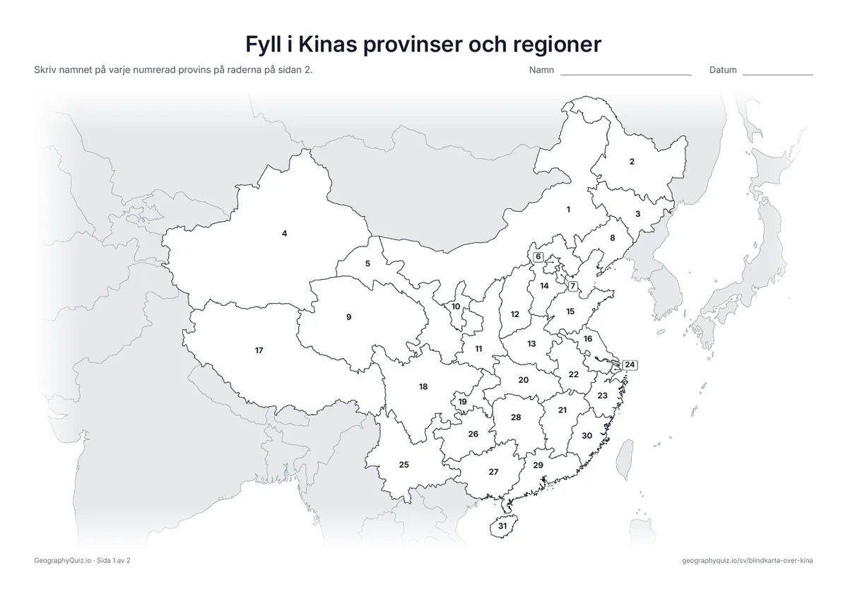 Förhandsvisning av arbetsbladet ”Fyll i Kinas provinser och regioner” att skriva ut: Alla 31 provinser, autonoma regioner och storstäder är numrerade