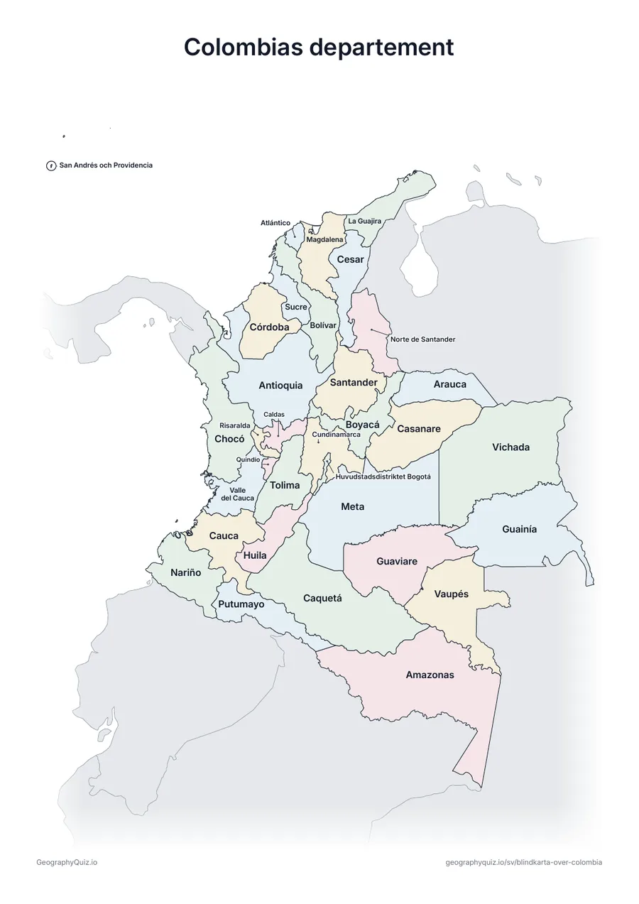 Förhandsvisning av arbetsbladet ”Colombias departement” att skriva ut: En karta över Colombia med alla namn utskrivna – ett översiktsblad för lektionen och för att rätta svaren