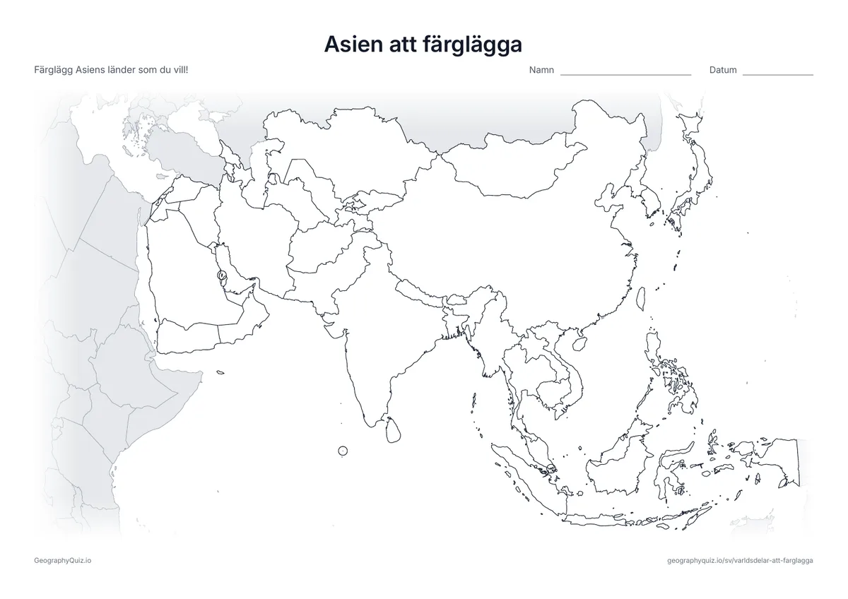 Förhandsvisning av arbetsbladet ”Asien att färglägga” att skriva ut: En karta över Asien, den största världsdelen, med alla länder
