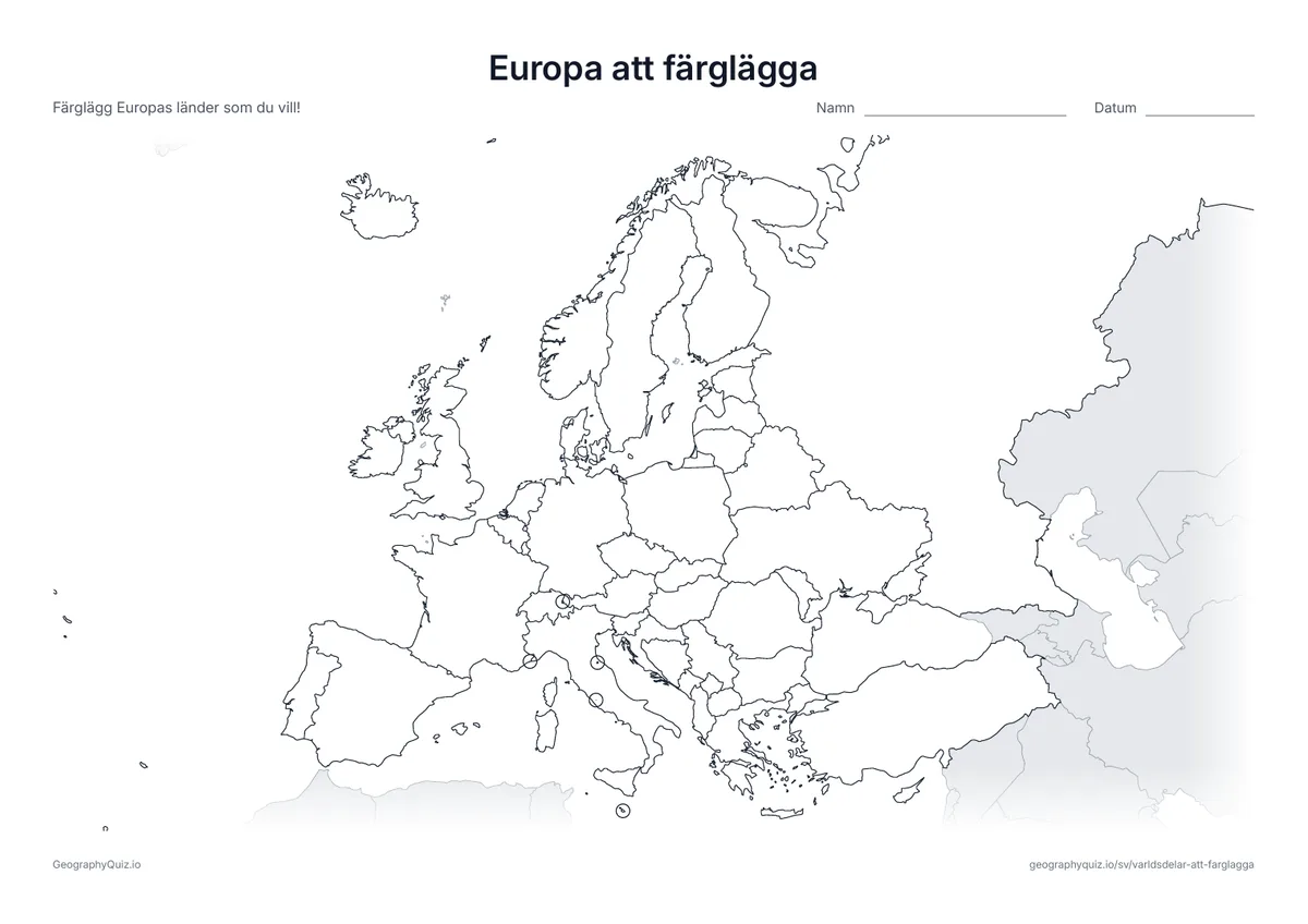 Förhandsvisning av arbetsbladet ”Europa att färglägga” att skriva ut: En karta över Europa med alla länder; de minsta är inringade
