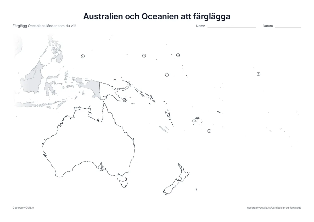 Förhandsvisning av arbetsbladet ”Australien och Oceanien att färglägga” att skriva ut: En karta över Australien, Nya Zeeland och öarna i Stilla havet; de minsta länderna är inringade