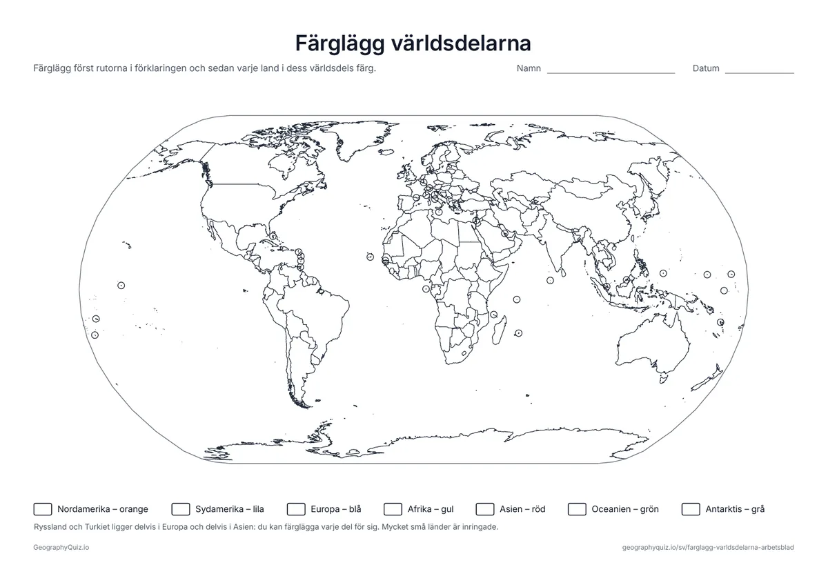Förhandsvisning av arbetsbladet: blindkarta – Färglägg världsdelarna
