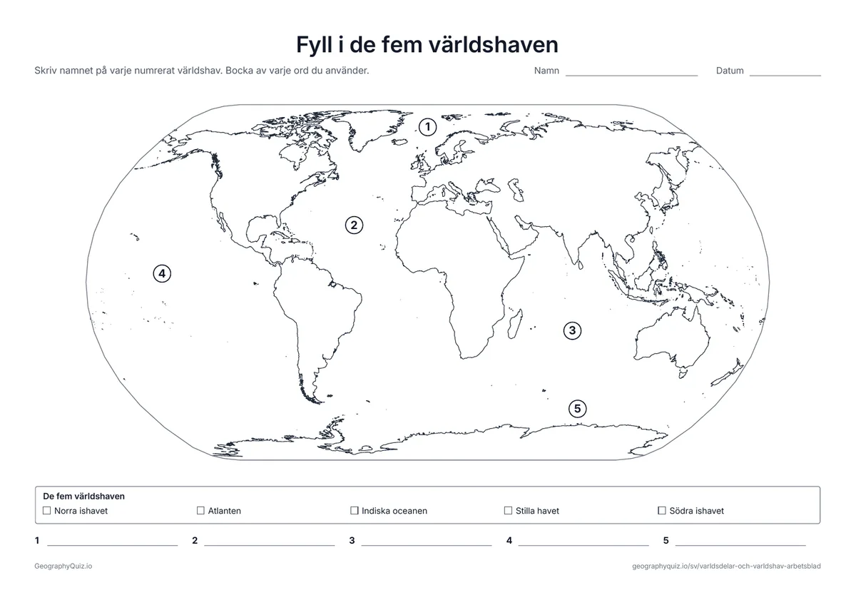 Förhandsvisning av arbetsbladet ”Fyll i de fem världshaven” att skriva ut: De fem världshaven numrerade på en världskarta, med ordlista och en skrivrad för vart och ett