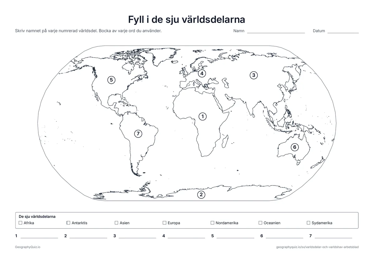 Förhandsvisning av arbetsbladet ”Fyll i de sju världsdelarna” att skriva ut: De sju världsdelarna numrerade på en världskarta, med ordlista och en skrivrad för var och en