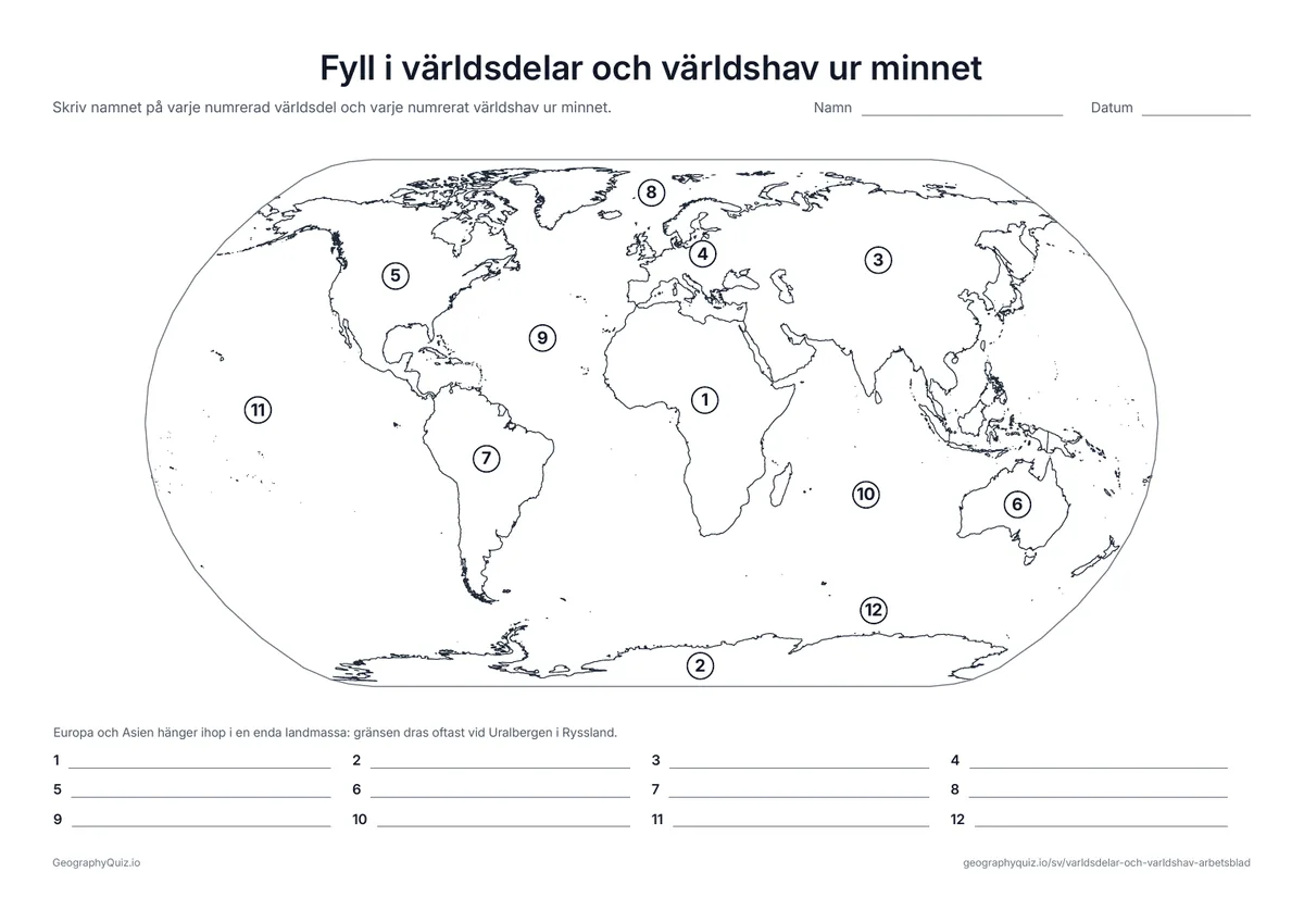 Förhandsvisning av arbetsbladet ”Fyll i världsdelar och världshav ur minnet” att skriva ut: Samma tolv nummer utan ordlista – en snabb koll av vad som har fastnat