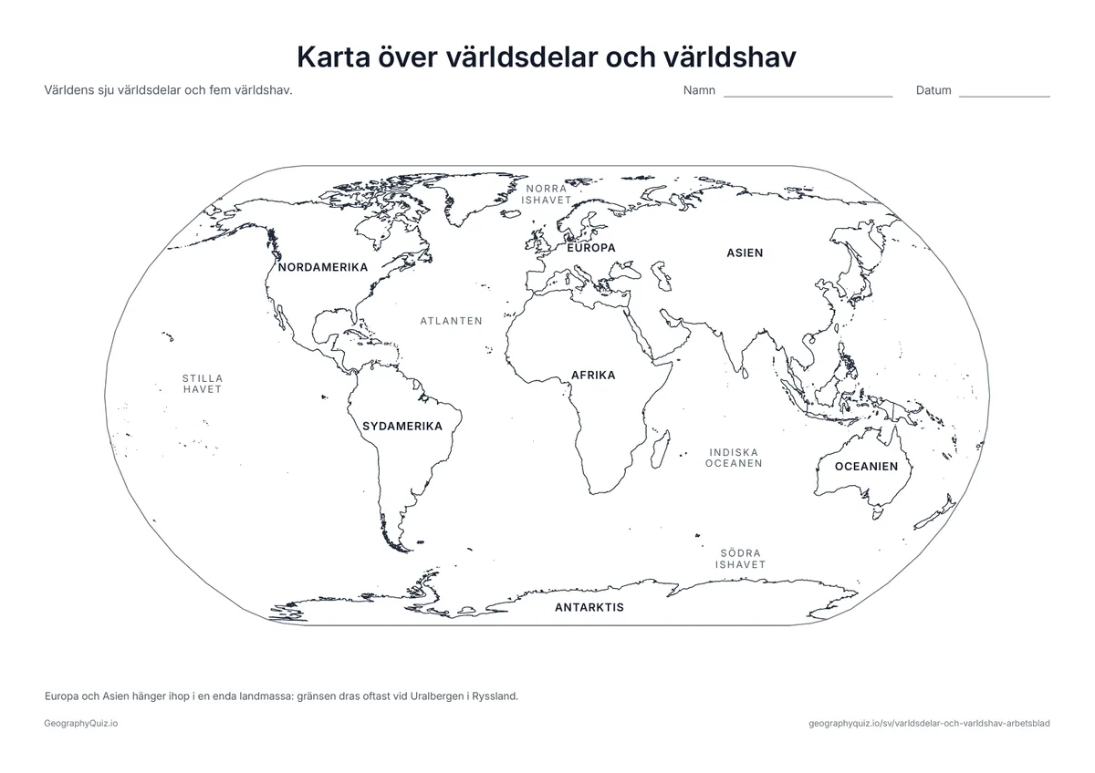 Förhandsvisning av arbetsbladet ”Karta över världsdelar och världshav” att skriva ut: En världskarta med alla sju världsdelar och fem världshav utskrivna – en förlaga för undervisning och rättning
