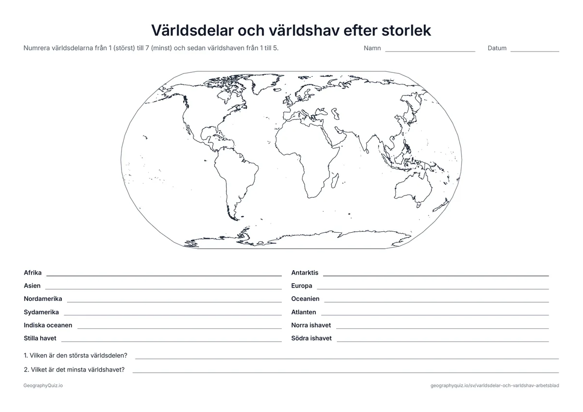 Förhandsvisning av arbetsbladet ”Världsdelar och världshav efter storlek” att skriva ut: Världsdelarna numreras från den största till den minsta, sedan världshaven; två frågor hör till