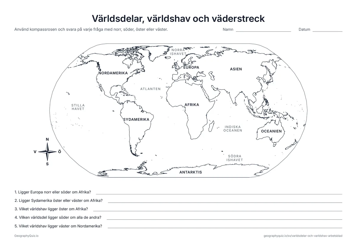Förhandsvisning av arbetsbladet ”Världsdelar, världshav och väderstreck” att skriva ut: En världskarta med namn och kompassros