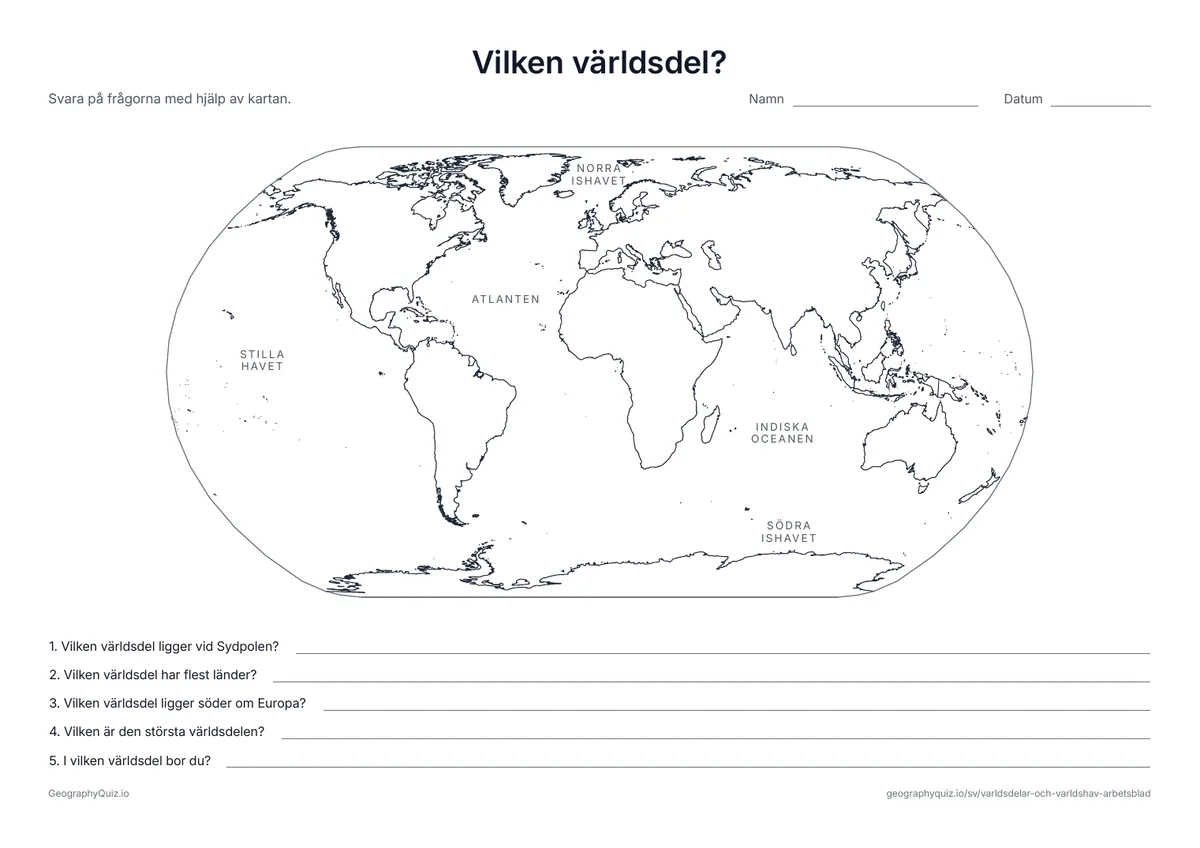 Förhandsvisning av arbetsbladet ”Vilken världsdel?” att skriva ut: Världshaven har sina namn på kartan
