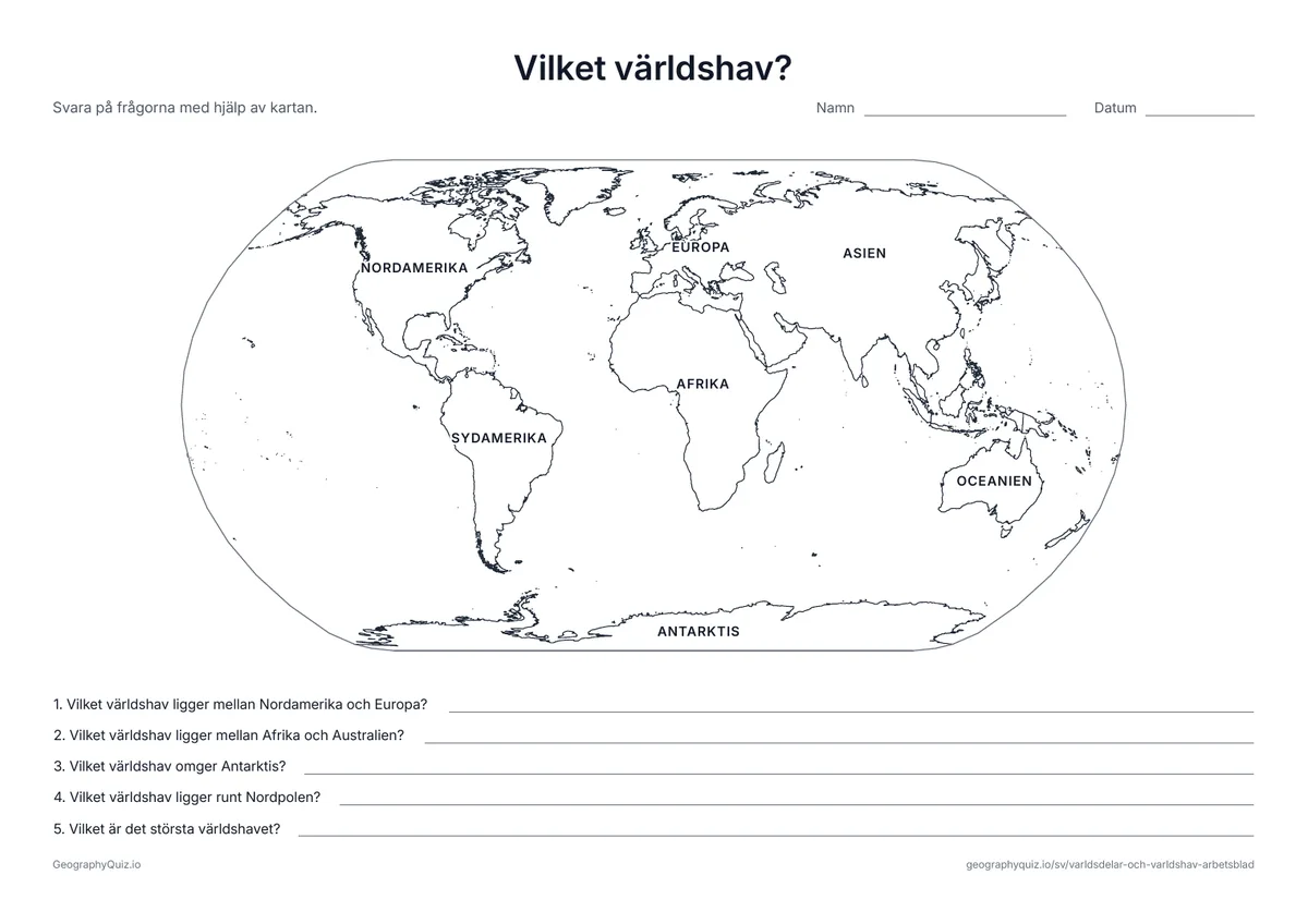 Förhandsvisning av arbetsbladet ”Vilket världshav?” att skriva ut: Världsdelarna har sina namn på kartan