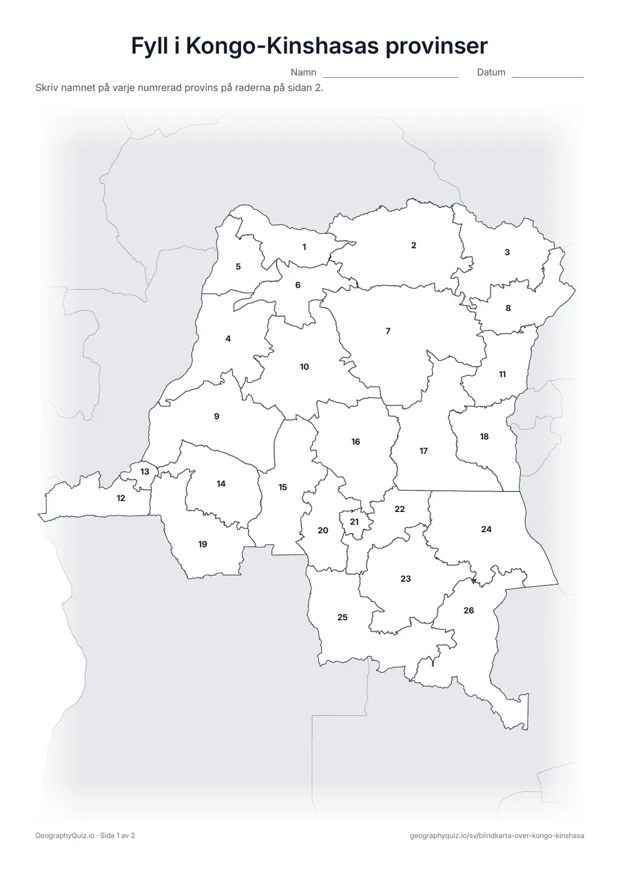 Förhandsvisning av arbetsbladet ”Fyll i Kongo-Kinshasas provinser” att skriva ut: Alla 25 provinser och staden Kinshasa är numrerade