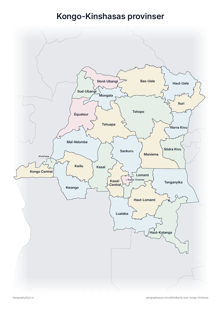 Förhandsvisning av arbetsbladet ”Kongo-Kinshasas provinser” att skriva ut: En karta över Kongo-Kinshasa med alla namn utskrivna – ett översiktsblad för lektionen och för att rätta svaren