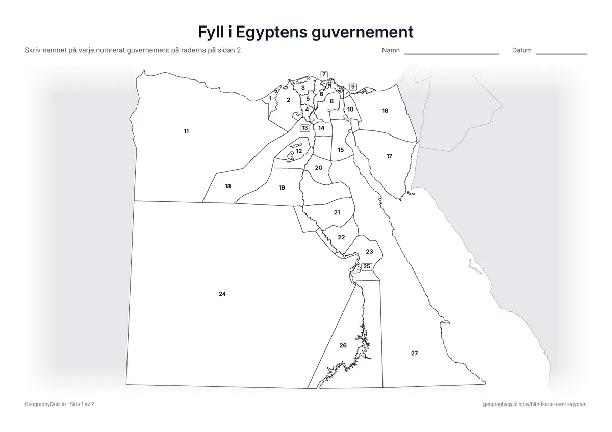 Förhandsvisning av arbetsbladet ”Fyll i Egyptens guvernement” att skriva ut: Alla 27 guvernement är numrerade