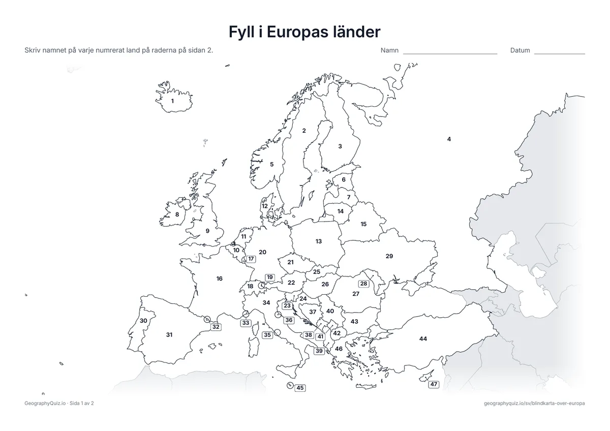 Förhandsvisning av arbetsbladet ”Fyll i Europas länder” att skriva ut: Varje land i Europa har ett nummer