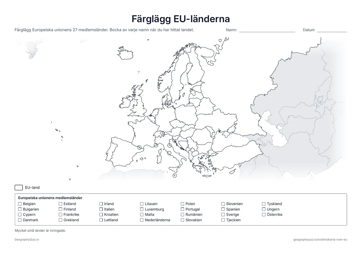 Förhandsvisning av arbetsbladet ”Färglägg EU-länderna” att skriva ut: En blindkarta över Europa med en lista över de 27 EU-länderna att bocka av