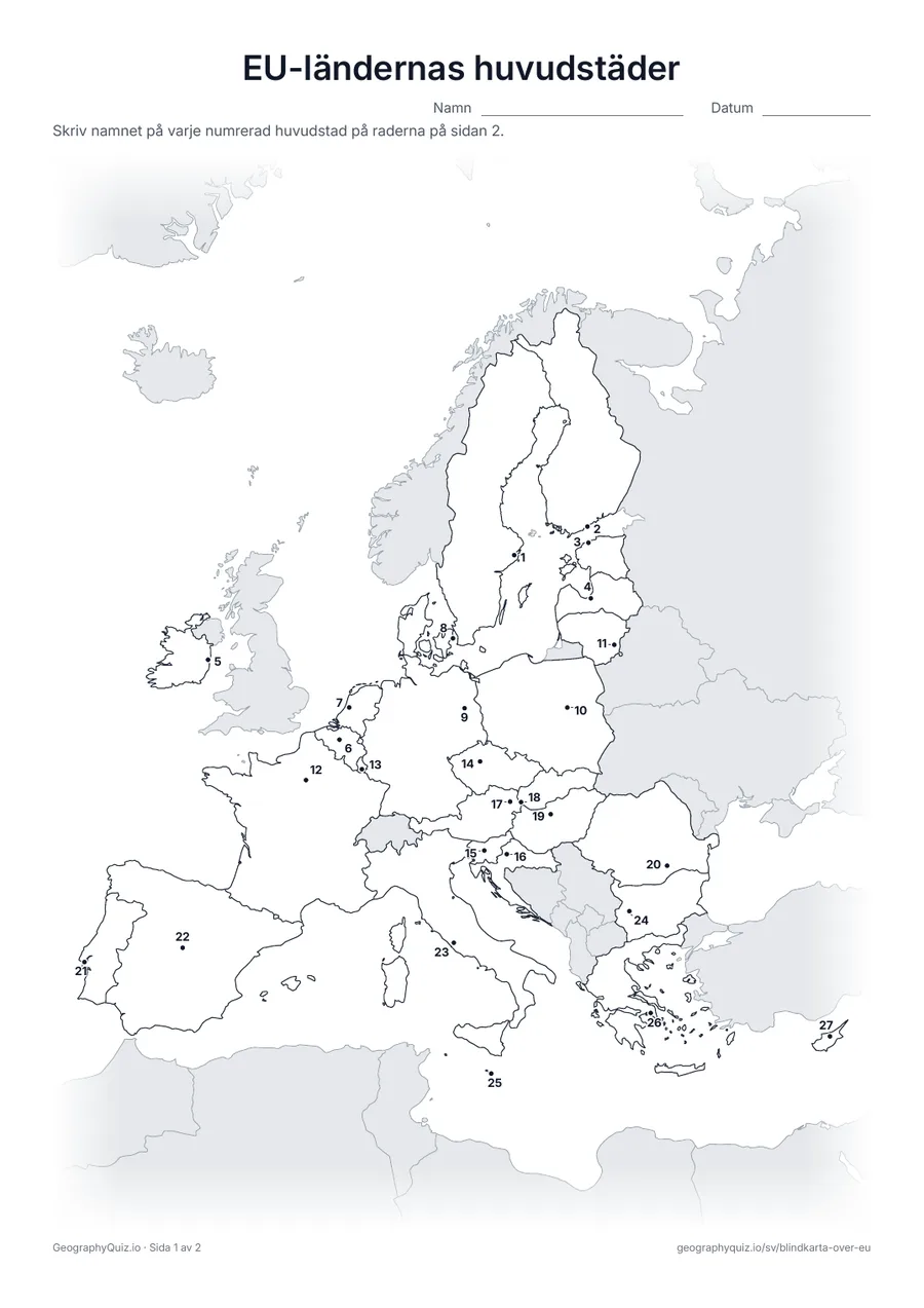 Förhandsvisning av arbetsbladet ”EU-ländernas huvudstäder” att skriva ut: Varje huvudstad är markerad med en numrerad punkt