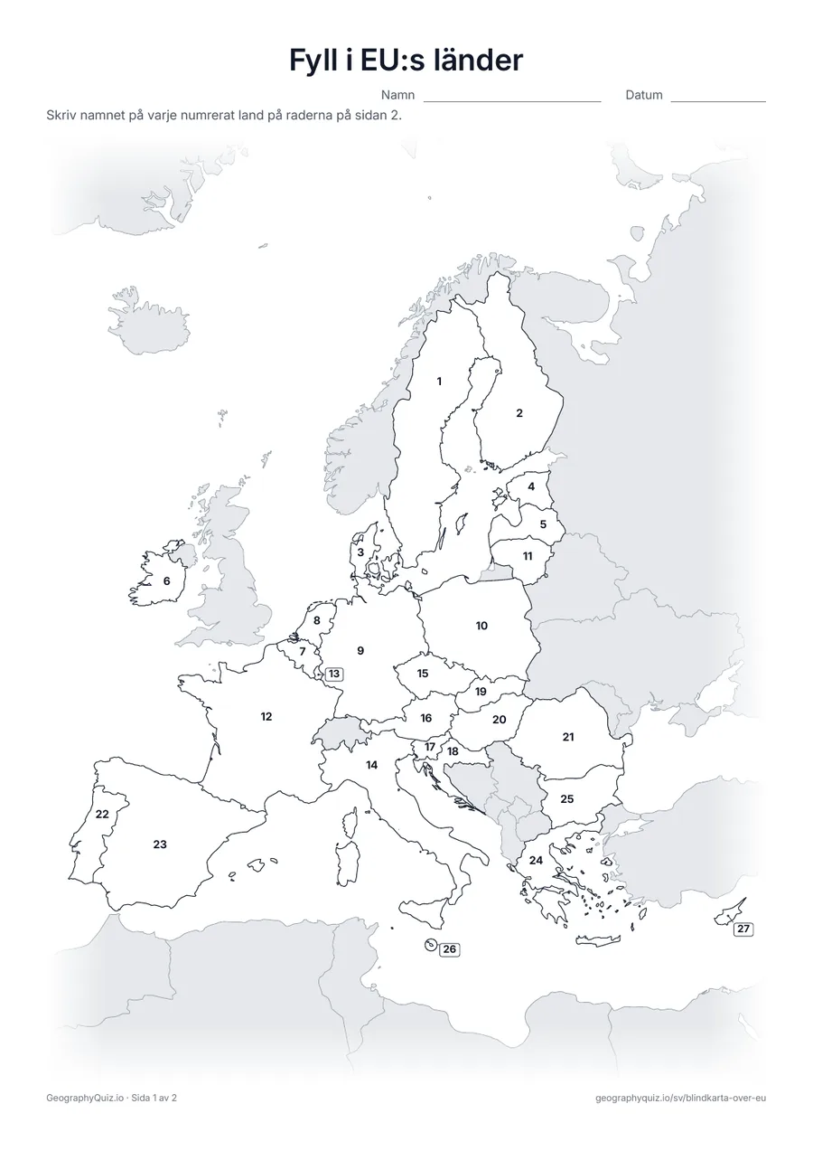 Förhandsvisning av arbetsbladet ”Fyll i EU:s länder” att skriva ut: Alla 27 länder är numrerade