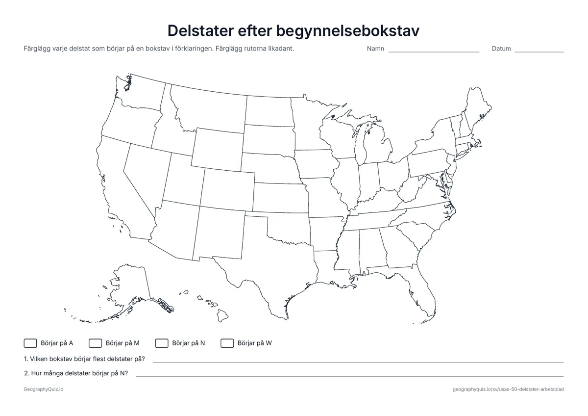 Förhandsvisning av arbetsbladet ”Delstater efter begynnelsebokstav” att skriva ut: Alla delstater som börjar på A, M, N eller W färgläggs efter förklaringen och räknas