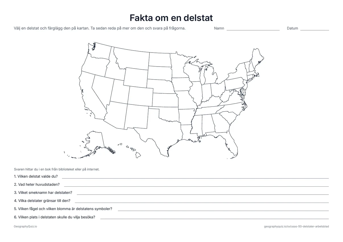 Förhandsvisning av arbetsbladet ”Fakta om en delstat” att skriva ut: Välj en delstat, färglägg den på kartan och skriv ner huvudstad, smeknamn, grannar, delstatsfågel och delstatsblomma