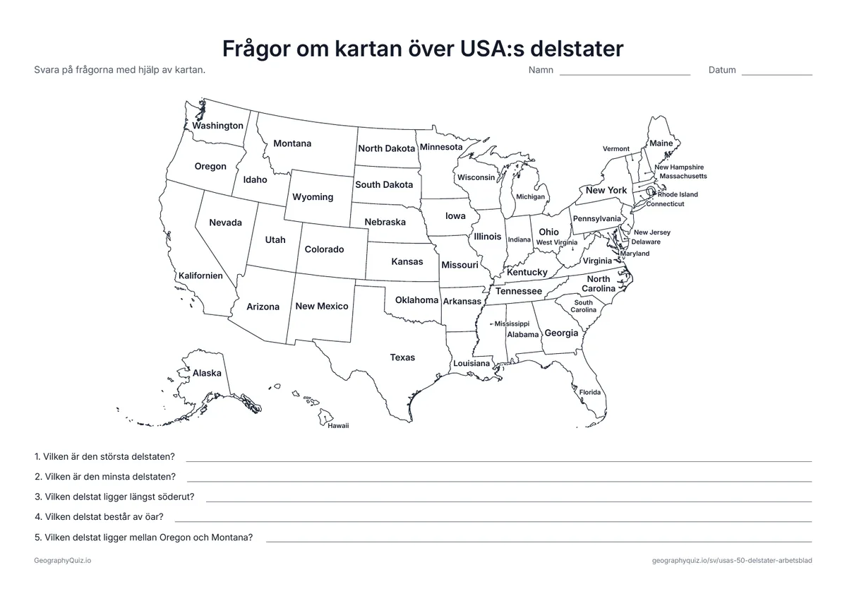 Förhandsvisning av arbetsbladet ”Frågor om kartan över USA:s delstater” att skriva ut: En karta med namn och fem frågor om de största, minsta och mest avlägsna delstaterna