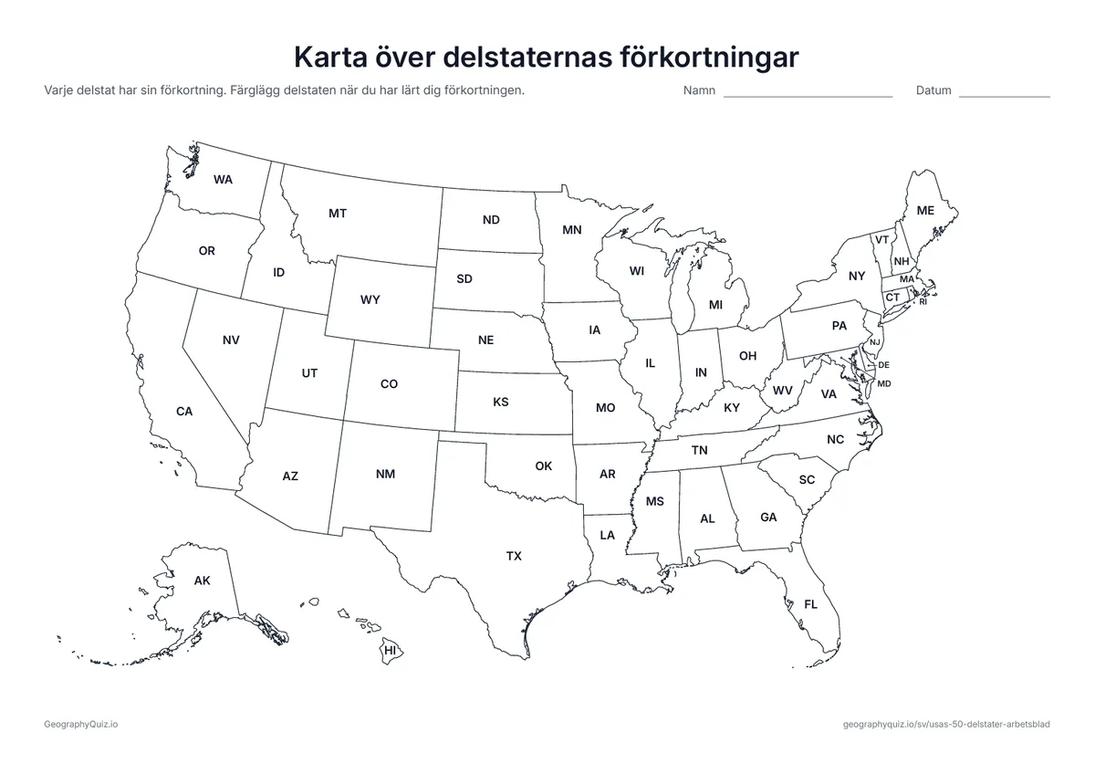 Förhandsvisning av arbetsbladet ”Karta över delstaternas förkortningar” att skriva ut: Varje delstat med sin förkortning på två bokstäver, från AL till WY