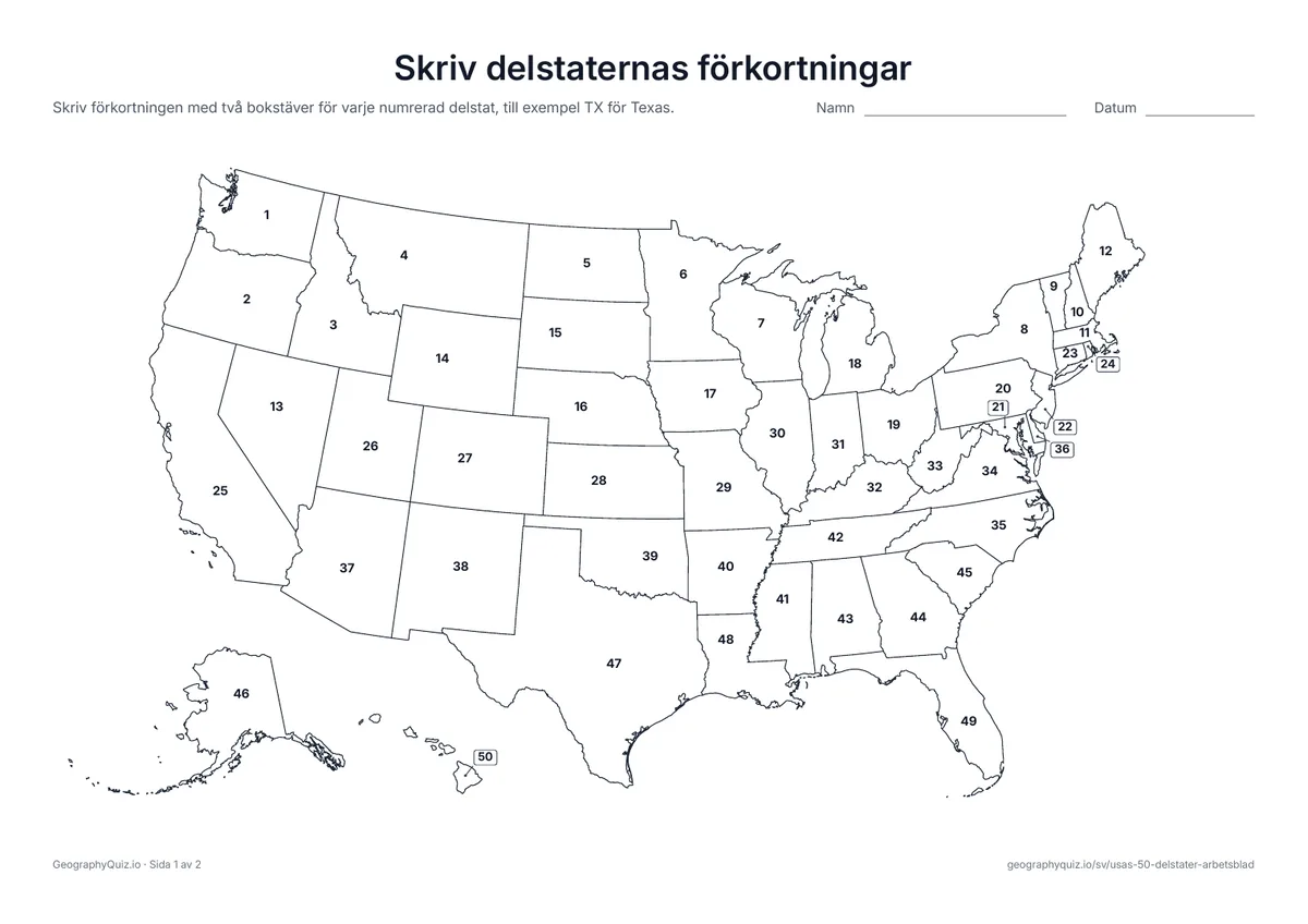 Förhandsvisning av arbetsbladet ”Skriv delstaternas förkortningar” att skriva ut: Delstaterna är numrerade