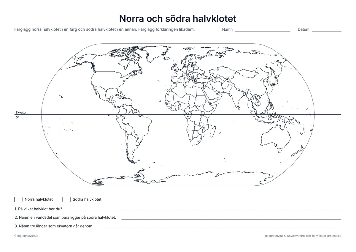 Förhandsvisning av arbetsbladet ”Norra och södra halvklotet” att skriva ut: En världskarta med ekvatorn utritad