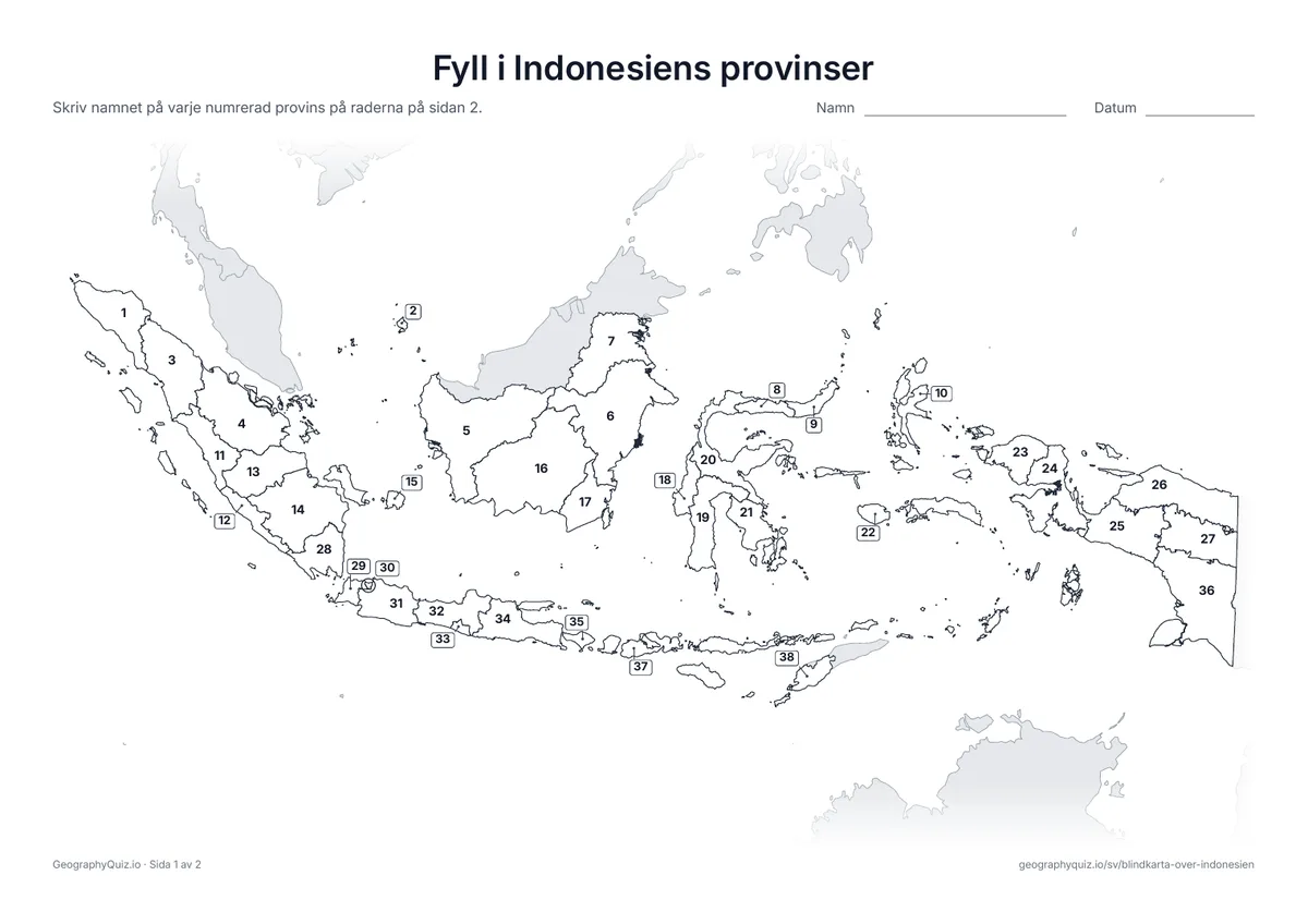 Förhandsvisning av arbetsbladet ”Fyll i Indonesiens provinser” att skriva ut: Alla 38 provinser är numrerade