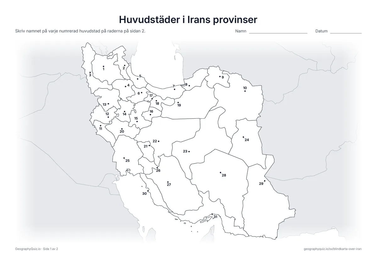 Förhandsvisning av arbetsbladet ”Huvudstäder i Irans provinser” att skriva ut: Varje huvudstad är markerad med en numrerad punkt