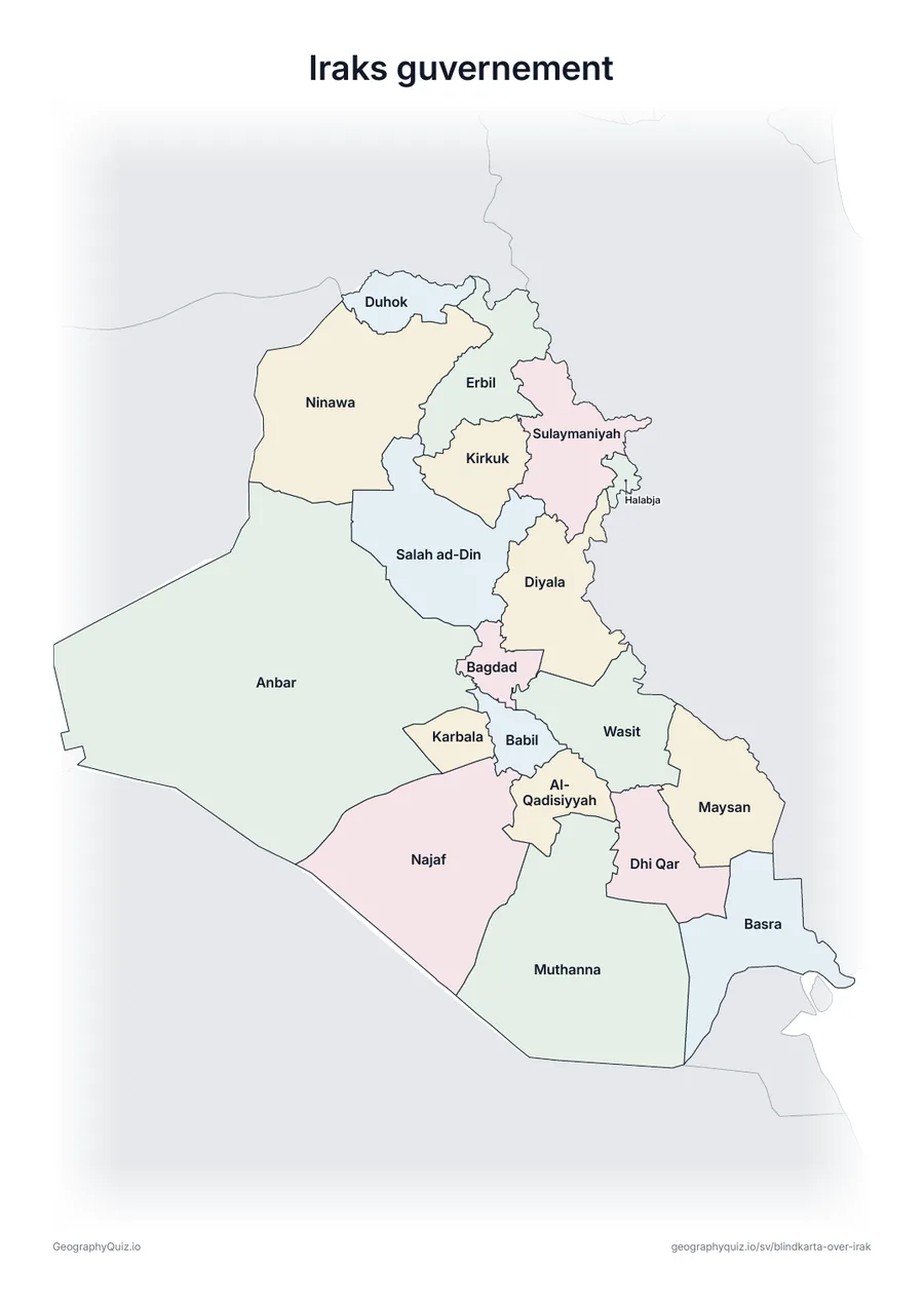 Förhandsvisning av arbetsbladet ”Iraks guvernement” att skriva ut: En karta över Irak med alla namn utskrivna – ett översiktsblad för lektionen och för att rätta svaren