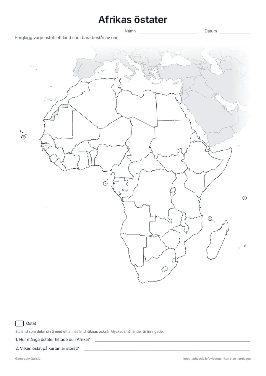 Förhandsvisning av arbetsbladet ”Afrikas östater” att skriva ut: En blindkarta över Afrika; östaterna i Atlanten och Indiska oceanen är inringade