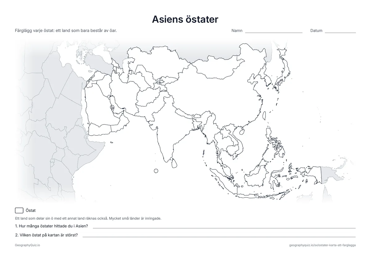Förhandsvisning av arbetsbladet ”Asiens östater” att skriva ut: En blindkarta över Asien där östaterna ska färgläggas, från Japan till Maldiverna
